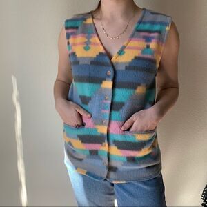 Vintage 80s Southwestern Pastel Aztec Cowgirl Geometric Fleece Vest Size S